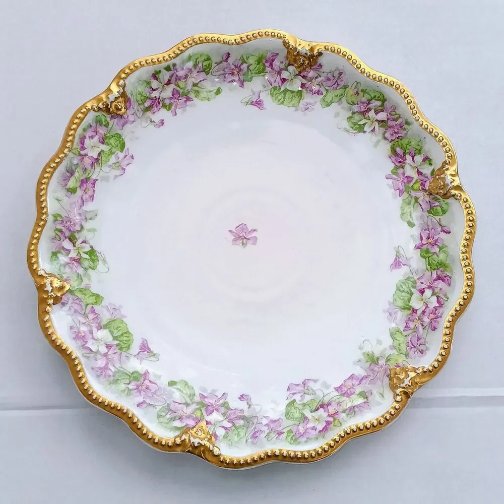 Antique A.Lanternier Limoges Porcelain Plate-Violets-Moriage Trim-Handpainted